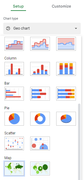 Selecting a Geo chart in Google Sheets.