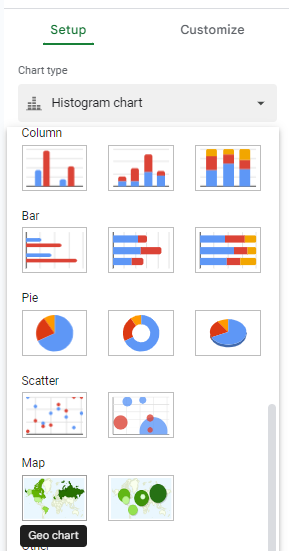 Selecting a geo chart in Google Sheets.