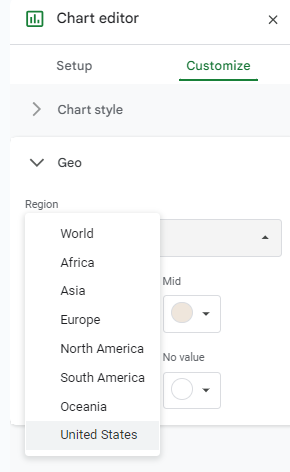 Selecting the region settings in Google Sheets.