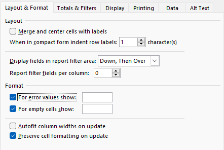 Replacing error values in the pivot table options.