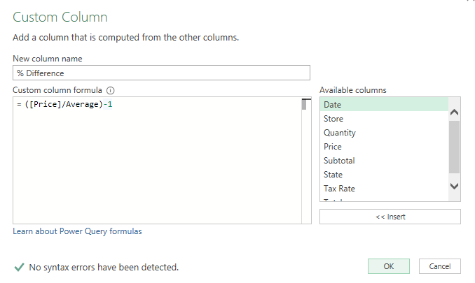 Creating a calculated column in power query which determines the percent change.