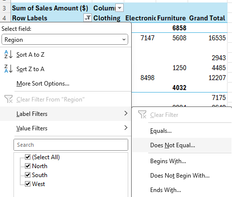 Applying label filters in a pivot table.