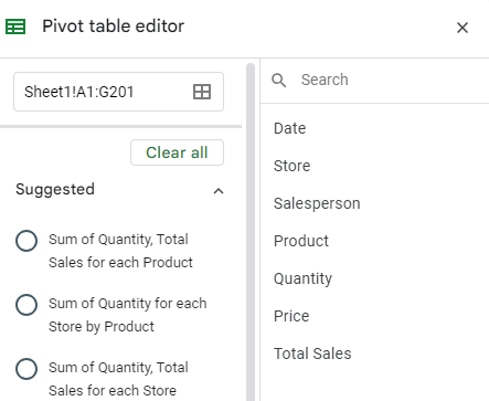 The pivot table editor pane in Google Sheets.