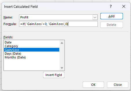 Calculated field calculating a profit.