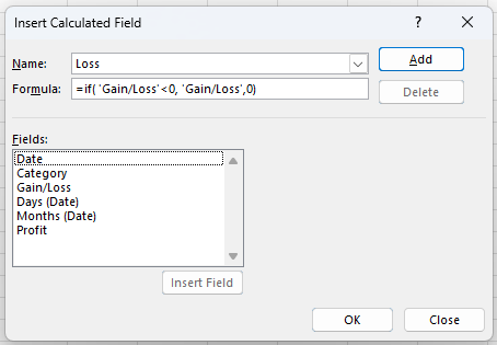 Calculated field calculating a loss.