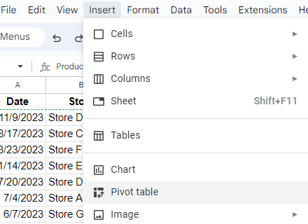 Inserting a pivot table in Google Sheets.