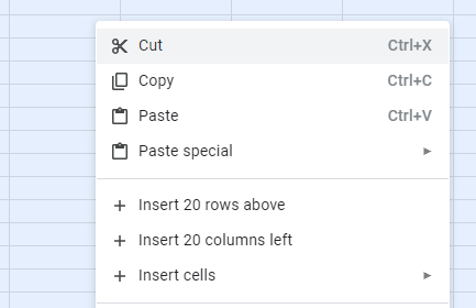 Menu in Google Sheets to add 20 rows and columns.