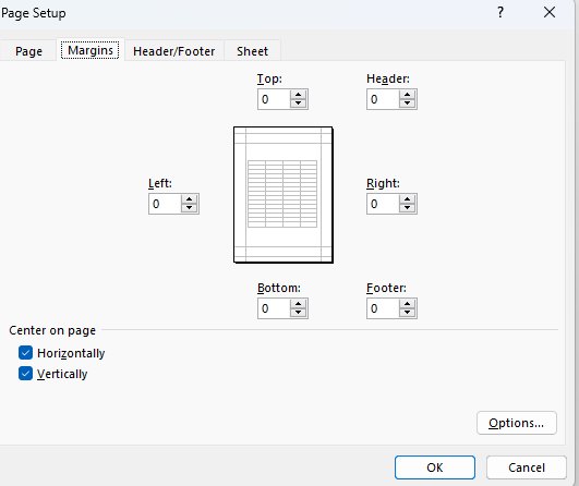 Modifying the margins in Excel.