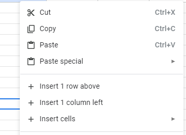 Menu in Google Sheets to add rows and columns.