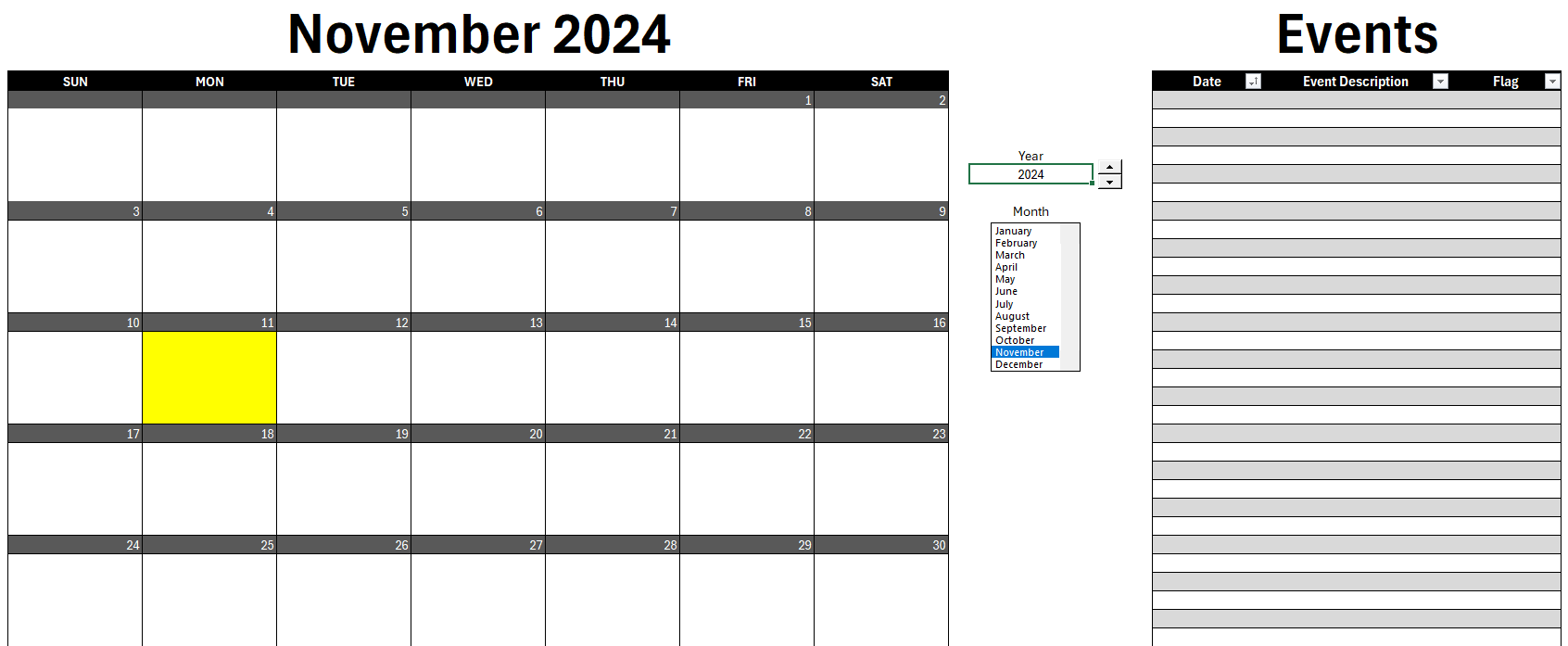 Dynamic calendar template in Excel.