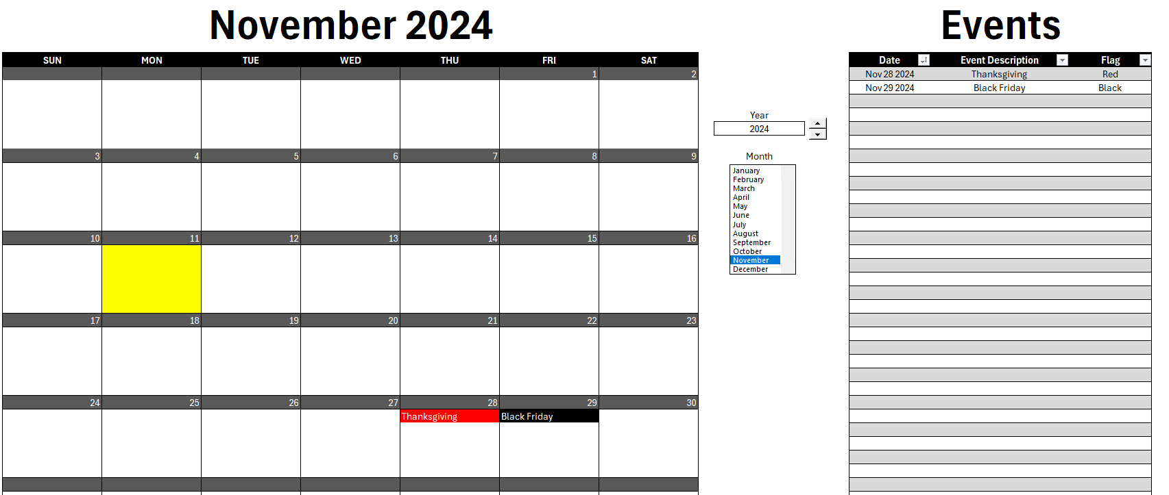 Dynamic calendar template with multiple events entered in.