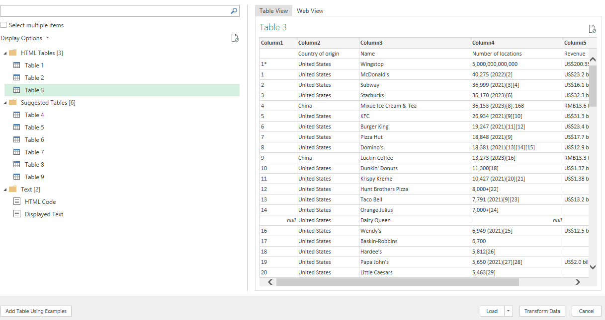 Selecting the table to import in Power Query.