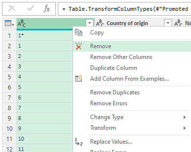 Removing columns in Power Query.