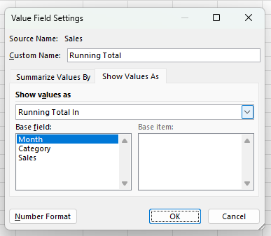 Creating a running total field in a pivot table in Excel.