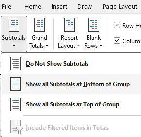 The subtotals menu options on a pivot table.