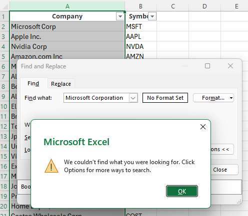 An error stating that a value isn't found within a range.