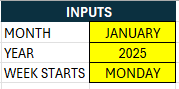 Inputs to determine the settings for the calendar template.