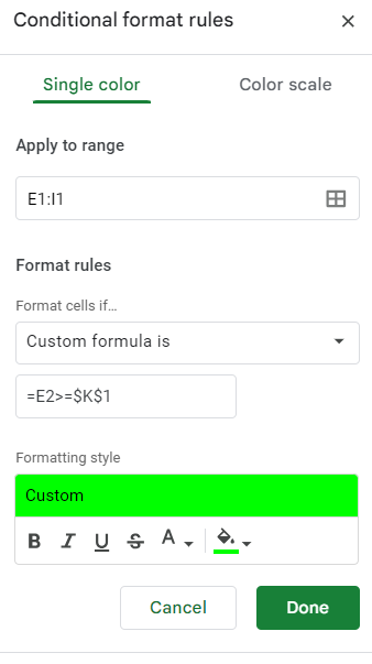 Setting up a conditional formatting rule in Google Sheets.