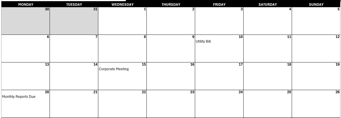 Dates and deadlines showing for January 2025.