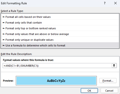 Setting up a conditional formatting rule to check if a value is greater than another and that it is also a number.