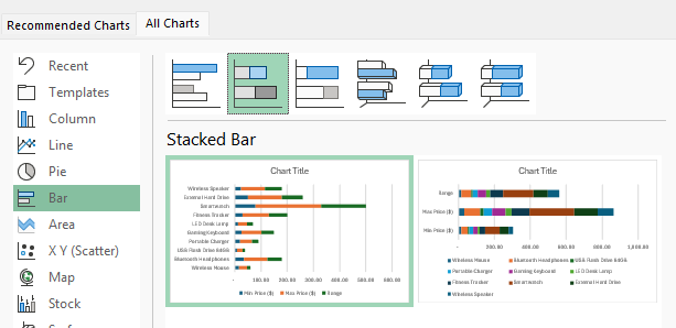 Selecting a stacked bar chart in excel.