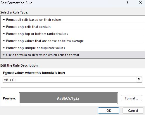 Conditional formatting rule in Excel comparing values.