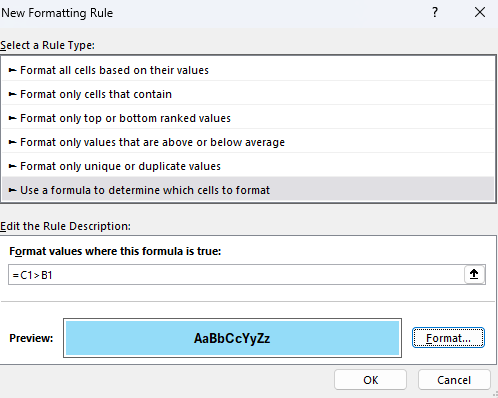 Setting up a conditional formatting rule to check if a value is greater than another.