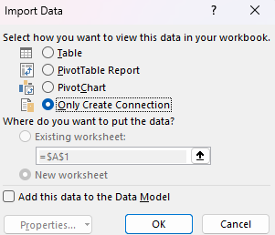 Creating a connection to the data only in Power Query.