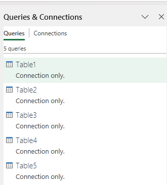 The queries & connections pane showing multiple connections in Power Query.