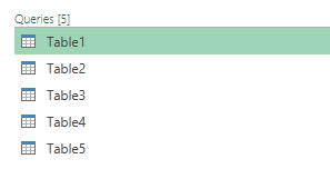Table names listed in Power Query.