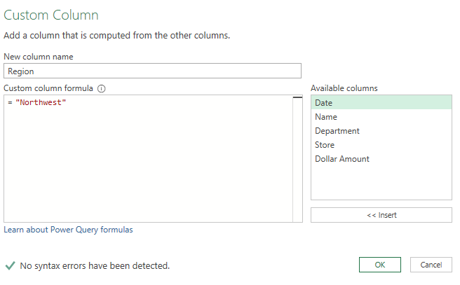 Creating a custom column in Power Query to match the table name.