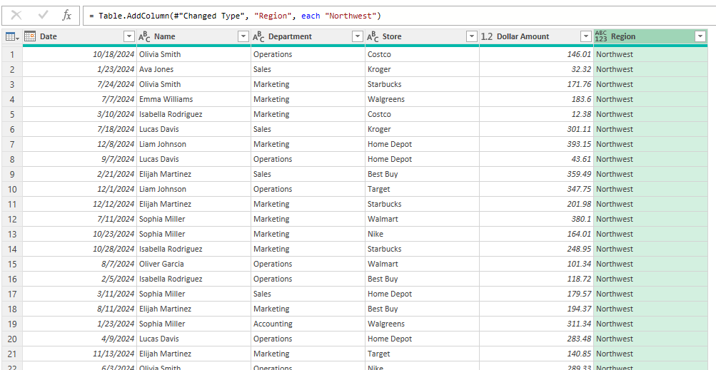 Power Query table with the region field added.
