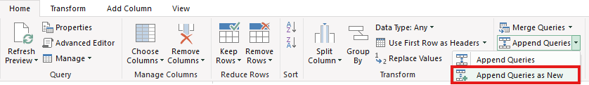 Appending queries in Power Query.
