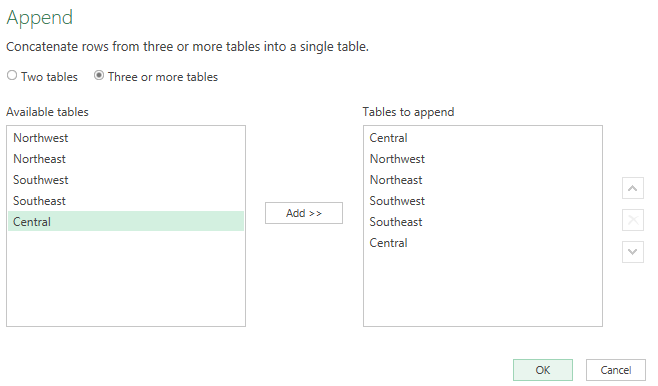 Appending multiple tables in Power Query.