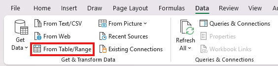 Selecting from table/range when getting data into Power Query.