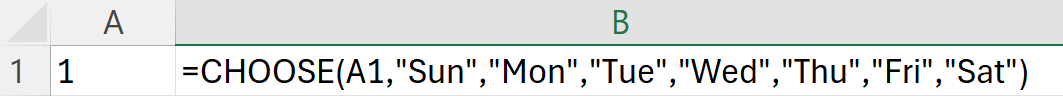 Using the choose function in excel to select a day of the week.