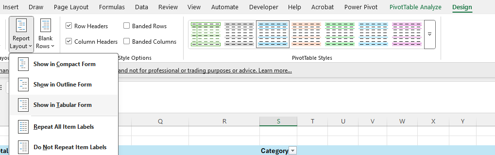 Selecting the tabular form for a pivot table.
