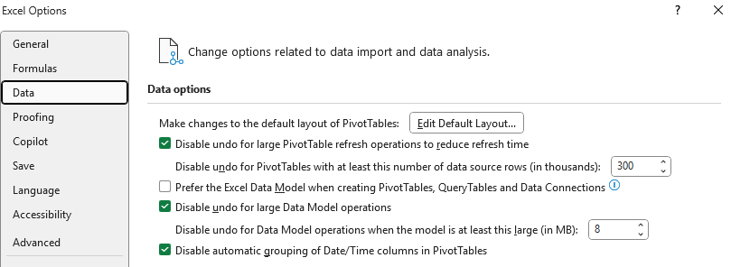 Changing the data settings under Excel Options.