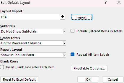 Pivot table default layout in Excel after importing settings.