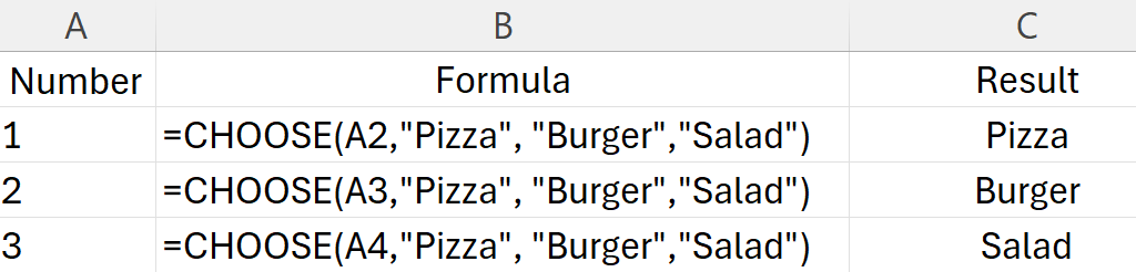 Using the choose function in excel to select a menu item.