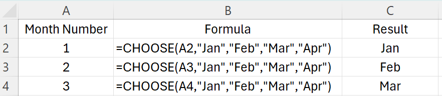 Using the Choose function to lookup a month value.