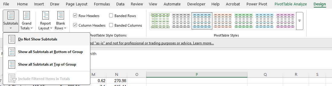 Turning off subtotals for a pivot table.