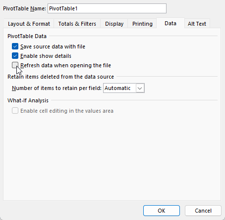 Selecting the option to refresh a pivot table when the Excel file opens.