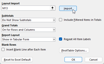 Setting up a default pivot table layout.