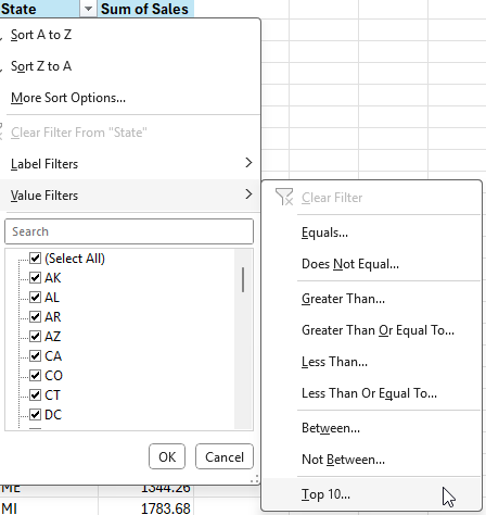 Selecting the top 10 items for a pivot table.
