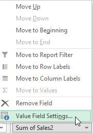 Selecting value field settings for a pivot table field.