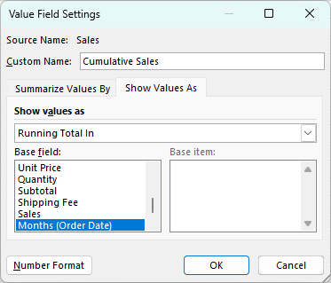 Changing the value field settings for a pivot table field.