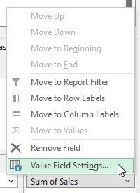 Modifying a field's settings in a pivot table.