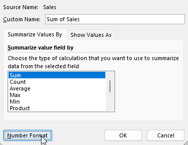 Changing the value field settings in a pivot table.