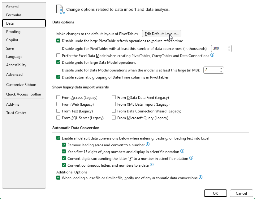 Editing the default pivot table layout.